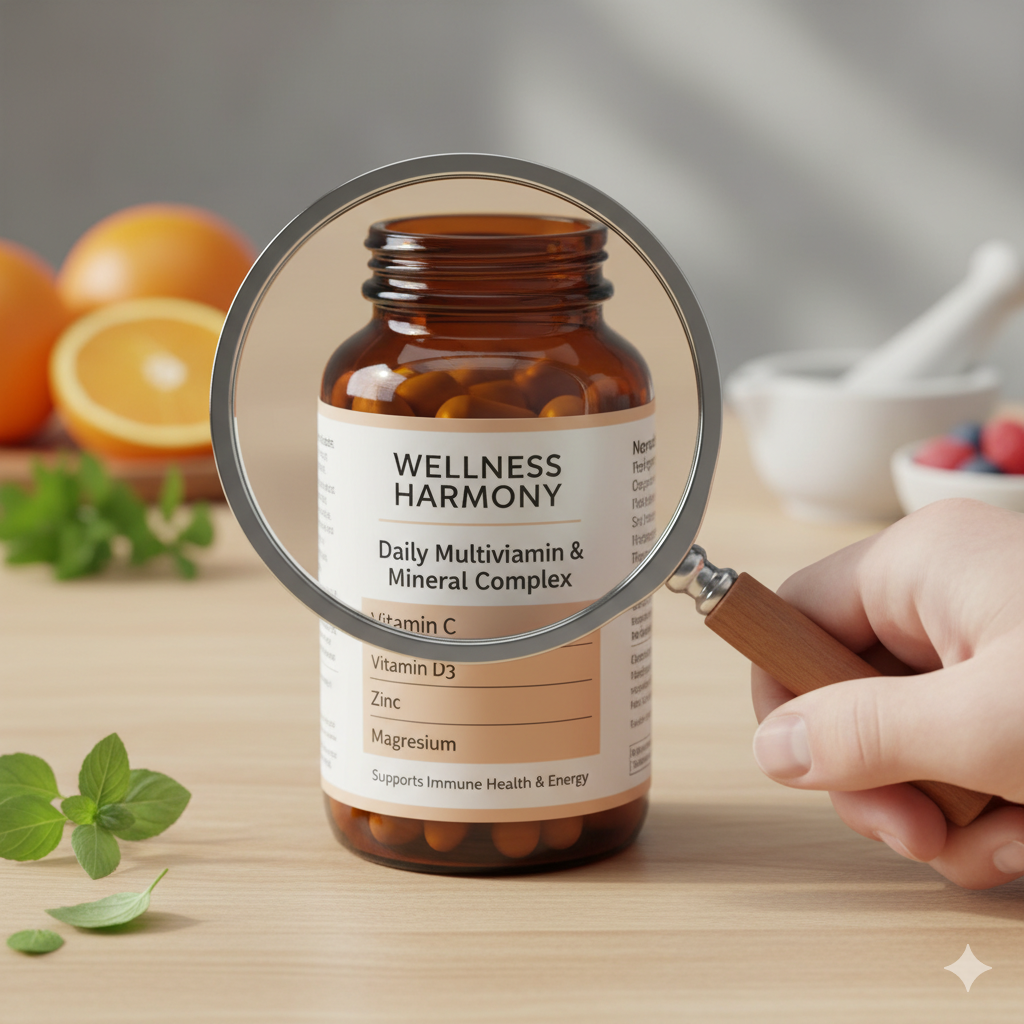 Hand holding a magnifying glass to a health supplement label.